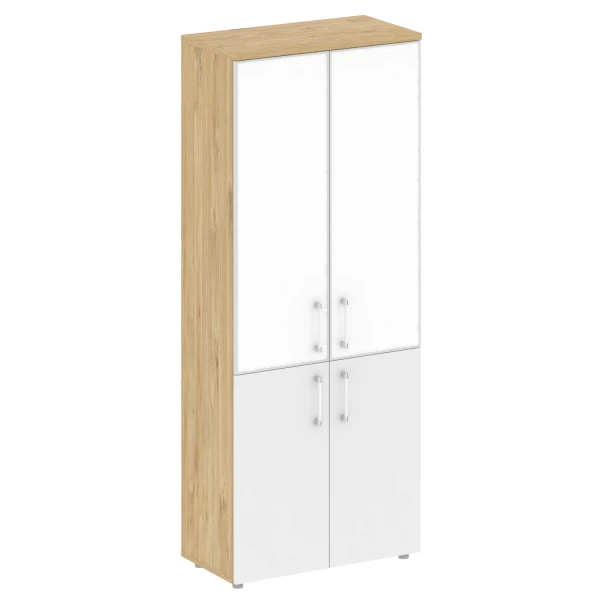 Шкаф высокий широкий (2 низких фасада ЛДСП + 2 средних фасада лакобель белый в раме) SK.ST-1.2R white. Фото 1